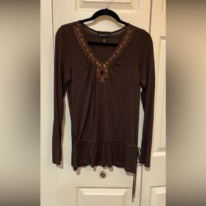 INC Petite M…chocolate brown long sleeved top. Copper bead and sequin neckline.